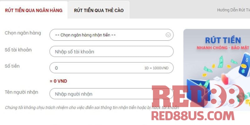 Rút tiền thưởng từ tài khoản game tại Red88